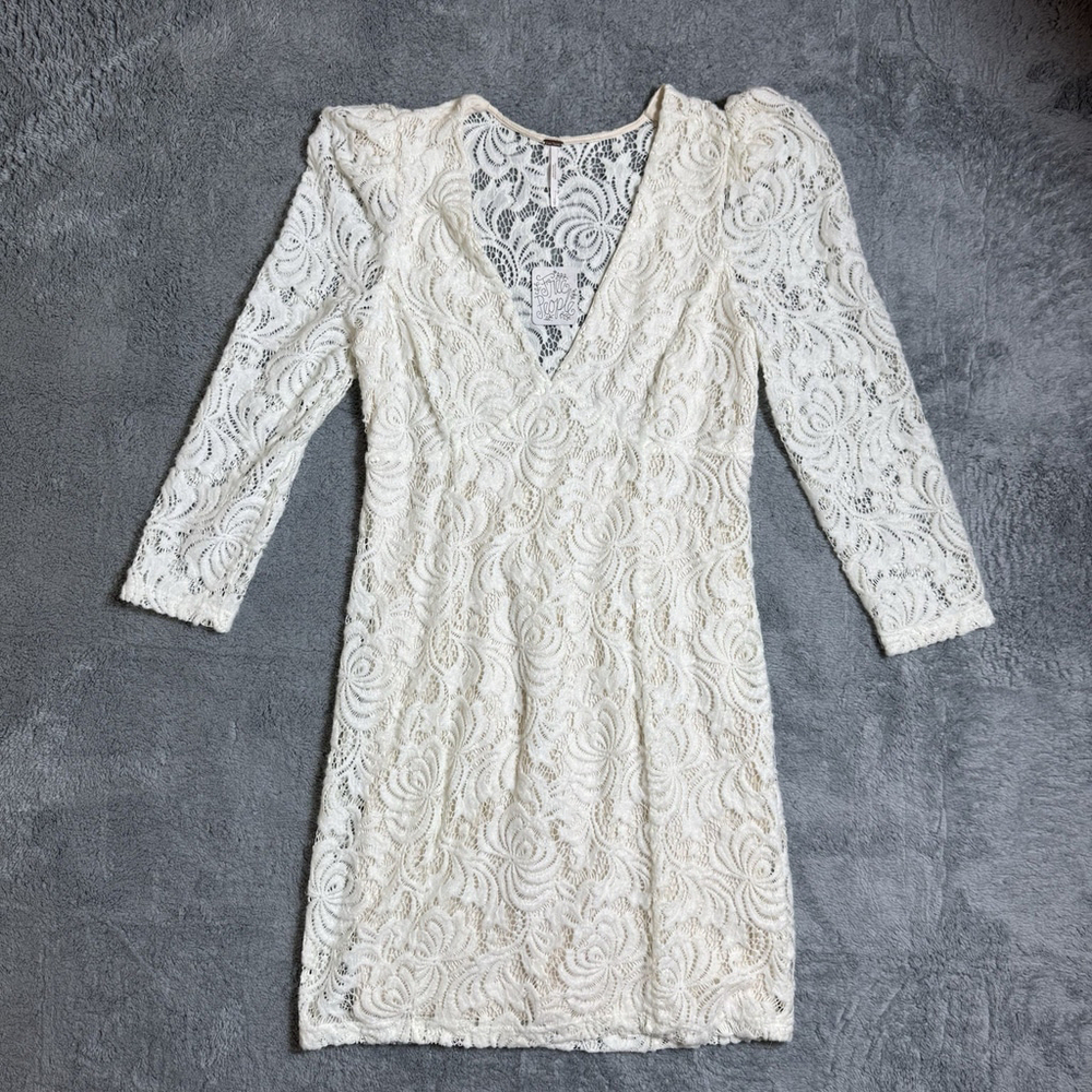 Free People Crochet Ivory Lace Mini Boho Bodycon Dress Long Sleeve Size Small